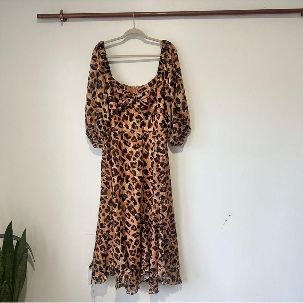 Anthropologie Hutch Printed Twist Front Puff Sleeve Ruffle Hem Dress Leopard - Picture 3 of 5